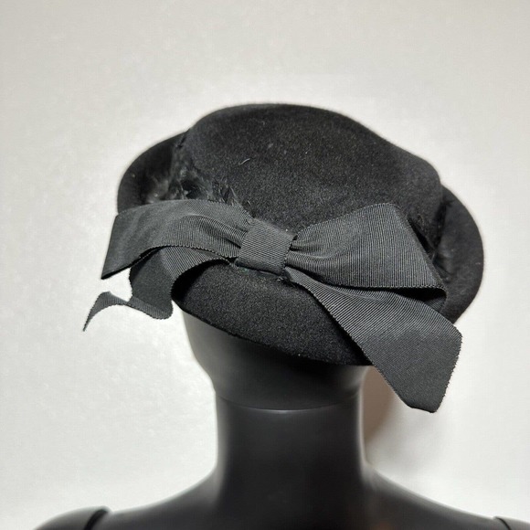 Vintage Glenover Pillbox Hat Black Wool Felt Bow Feathers Church Henry Pullak - Picture 3 of 13